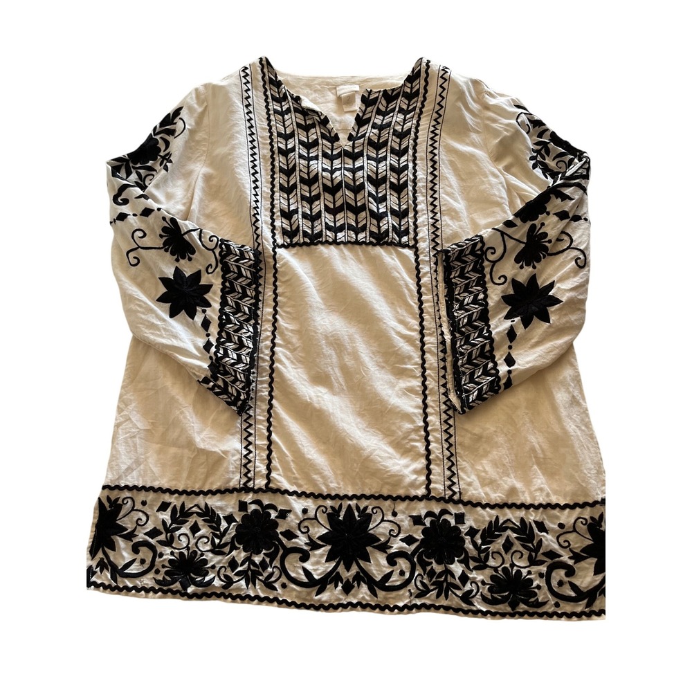 Chico's White Linen Blend Embroidered Tunic Top Black Floral Boho Size 2 L/XL
